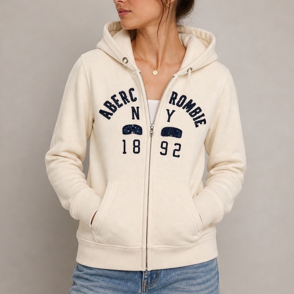 Abercrombie & Fitch Womens‎ Cream Full Zip Hoodie Sequin Logo Sweatshirt Medium